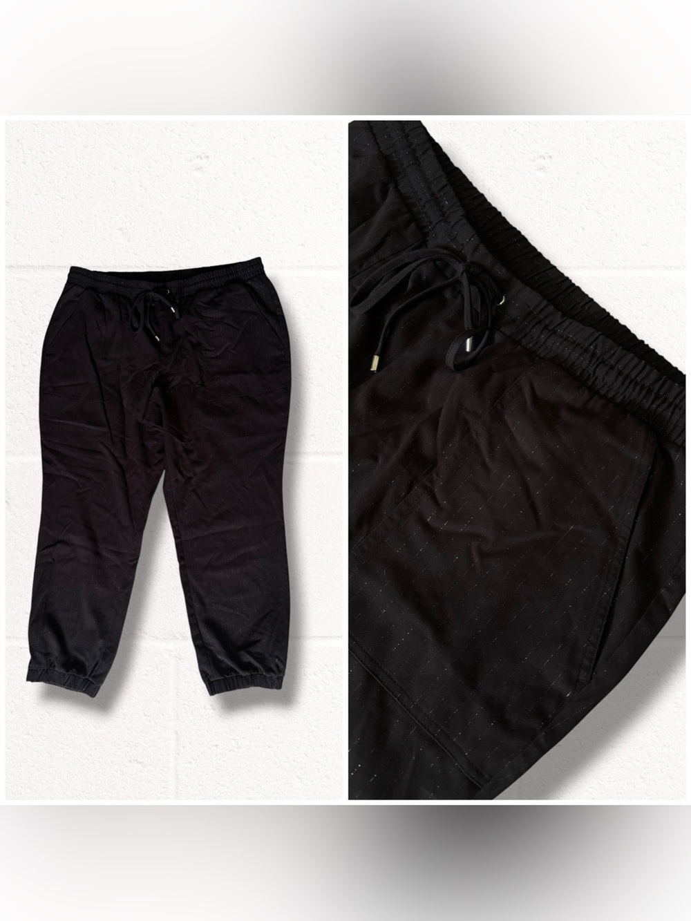 Nine West Black Drawstring Jogger Pants With Silver Metallic Pinstripes, XXL